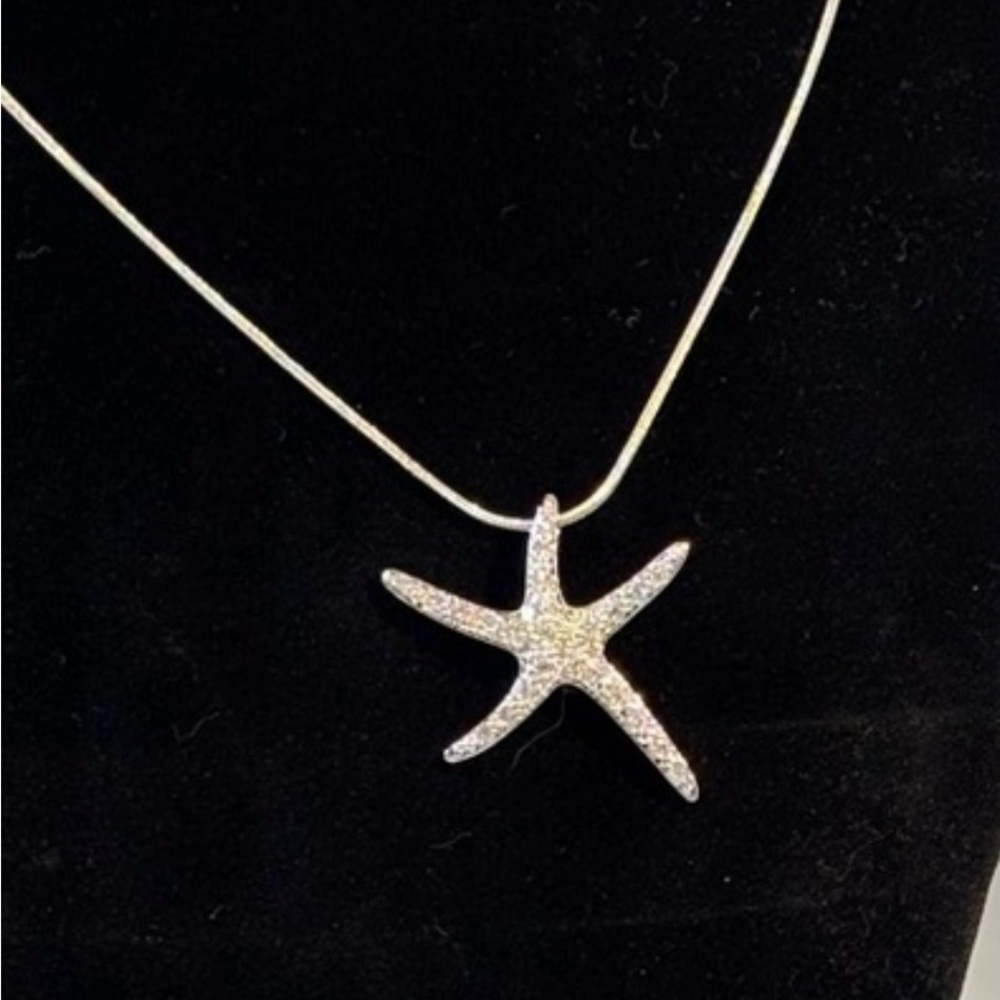 Sterling 925 Silver Starfish with Crystals Necklace on 24” 925 Chain